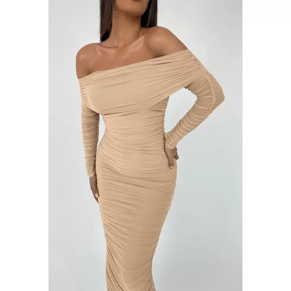 imagePRETTYGARDEN Womens Fall Off Shoulder Maxi Bodycon Dress Long Sleeve Ruched Fitted Club Dresses with SlitBeige