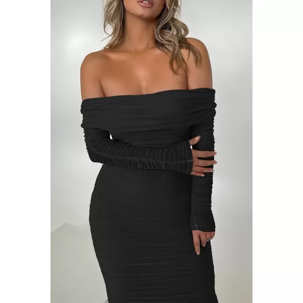 imagePRETTYGARDEN Womens Fall Off Shoulder Maxi Bodycon Dress Long Sleeve Ruched Fitted Club Dresses with SlitBlack