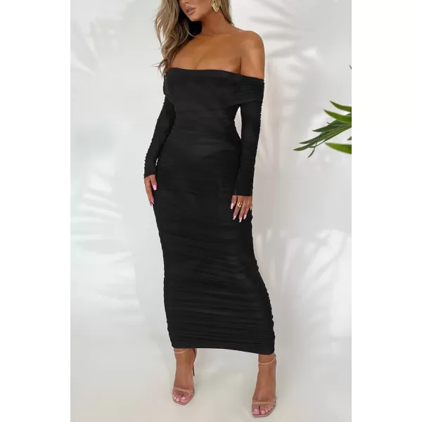 imagePRETTYGARDEN Womens Fall Off Shoulder Maxi Bodycon Dress Long Sleeve Ruched Fitted Club Dresses with SlitBlack