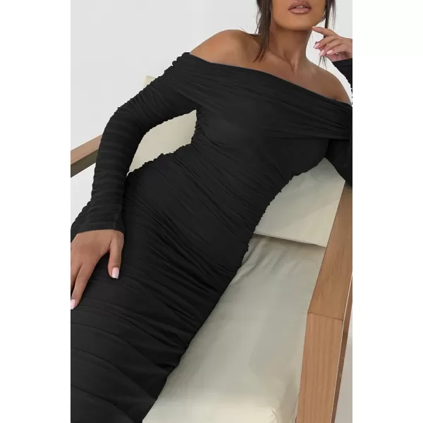 imagePRETTYGARDEN Womens Fall Off Shoulder Maxi Bodycon Dress Long Sleeve Ruched Fitted Club Dresses with SlitBlack