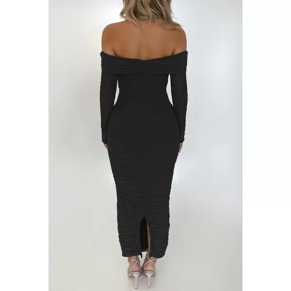 imagePRETTYGARDEN Womens Fall Off Shoulder Maxi Bodycon Dress Long Sleeve Ruched Fitted Club Dresses with SlitBlack