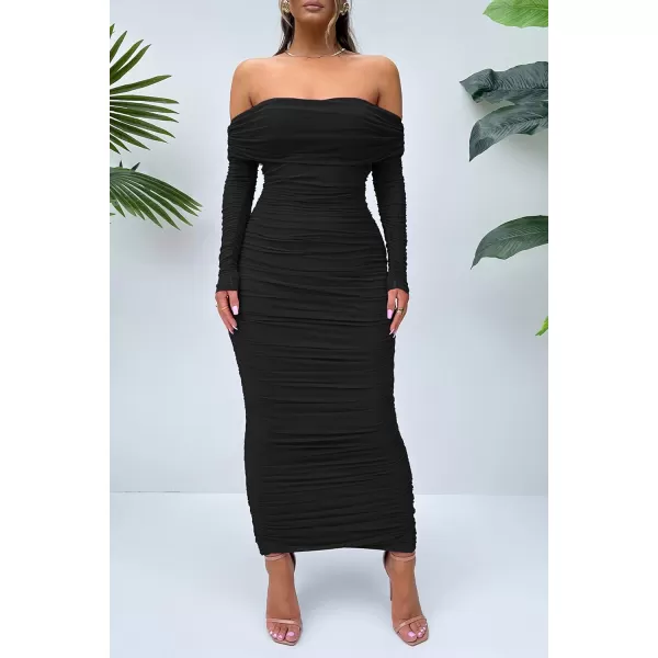 imagePRETTYGARDEN Womens Fall Off Shoulder Maxi Bodycon Dress Long Sleeve Ruched Fitted Club Dresses with SlitBlack