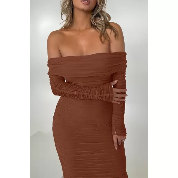 imagePRETTYGARDEN Womens Fall Off Shoulder Maxi Bodycon Dress Long Sleeve Ruched Fitted Club Dresses with SlitCaramel
