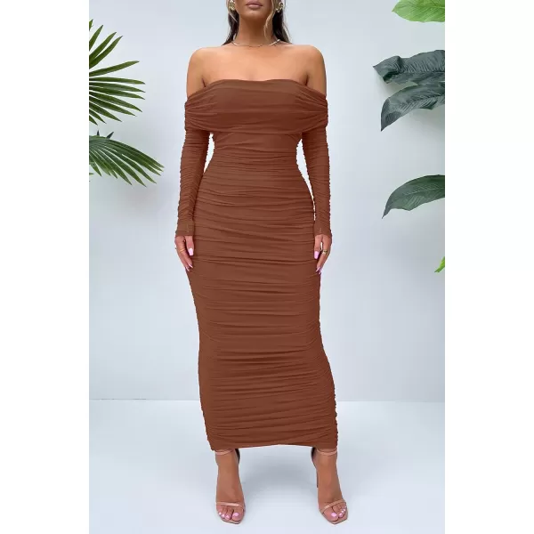 imagePRETTYGARDEN Womens Fall Off Shoulder Maxi Bodycon Dress Long Sleeve Ruched Fitted Club Dresses with SlitCaramel