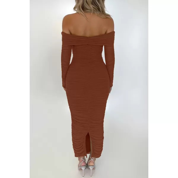 imagePRETTYGARDEN Womens Fall Off Shoulder Maxi Bodycon Dress Long Sleeve Ruched Fitted Club Dresses with SlitCaramel