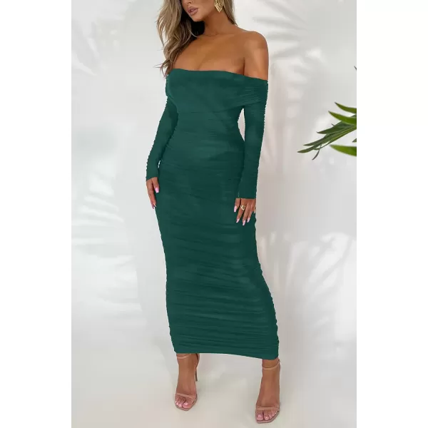 imagePRETTYGARDEN Womens Fall Off Shoulder Maxi Bodycon Dress Long Sleeve Ruched Fitted Club Dresses with SlitGreen