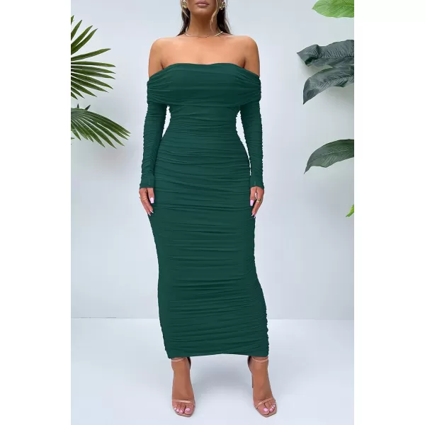 imagePRETTYGARDEN Womens Fall Off Shoulder Maxi Bodycon Dress Long Sleeve Ruched Fitted Club Dresses with SlitGreen