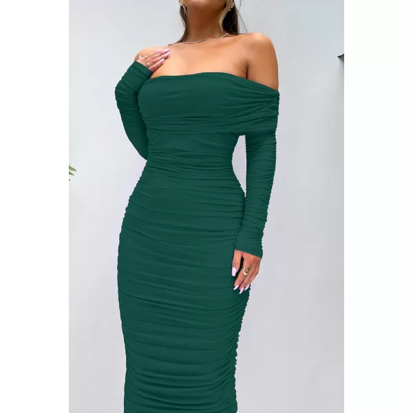 imagePRETTYGARDEN Womens Fall Off Shoulder Maxi Bodycon Dress Long Sleeve Ruched Fitted Club Dresses with SlitGreen