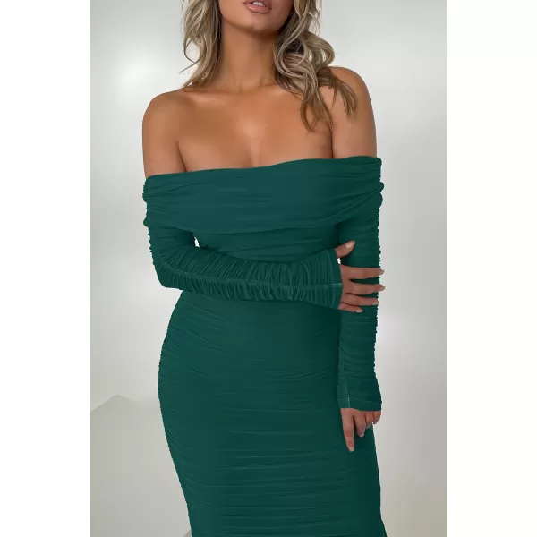imagePRETTYGARDEN Womens Fall Off Shoulder Maxi Bodycon Dress Long Sleeve Ruched Fitted Club Dresses with SlitGreen