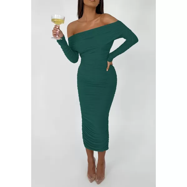 imagePRETTYGARDEN Womens Fall Off Shoulder Maxi Bodycon Dress Long Sleeve Ruched Fitted Club Dresses with SlitGreen