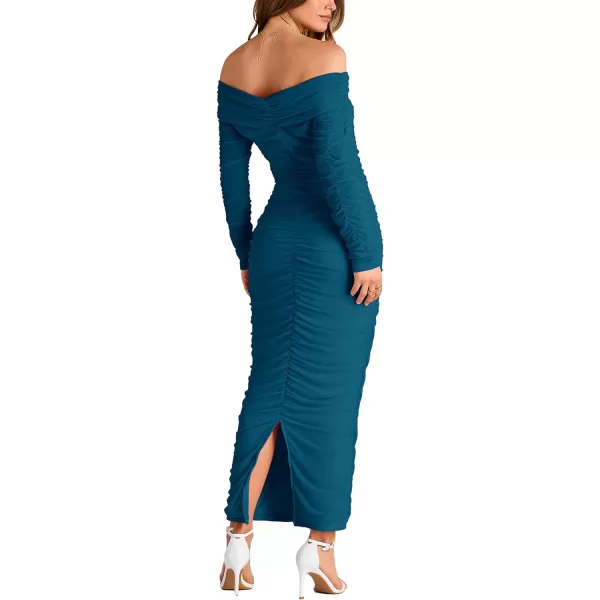 imagePRETTYGARDEN Womens Fall Off Shoulder Maxi Bodycon Dress Long Sleeve Ruched Fitted Club Dresses with SlitLake Blue