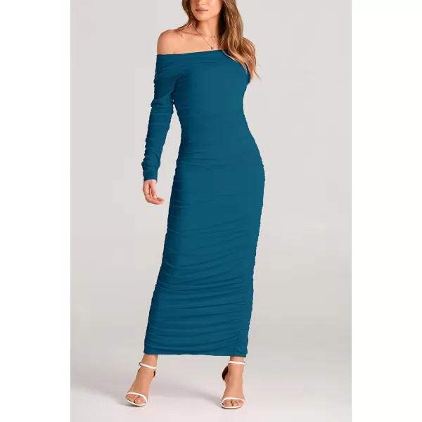 imagePRETTYGARDEN Womens Fall Off Shoulder Maxi Bodycon Dress Long Sleeve Ruched Fitted Club Dresses with SlitLake Blue