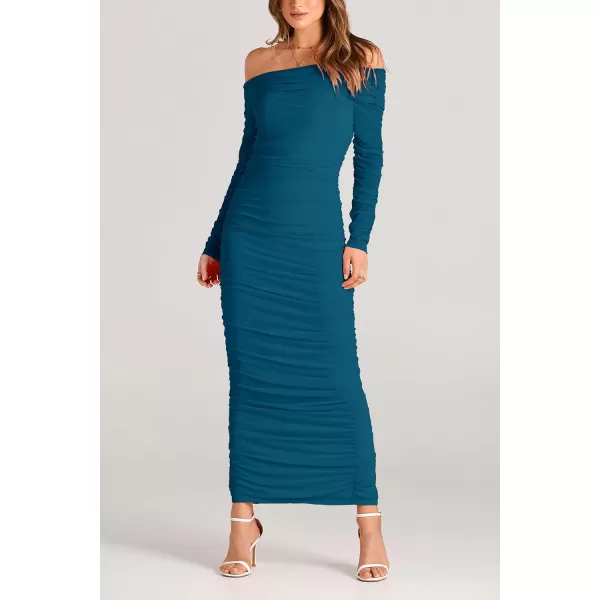 imagePRETTYGARDEN Womens Fall Off Shoulder Maxi Bodycon Dress Long Sleeve Ruched Fitted Club Dresses with SlitLake Blue