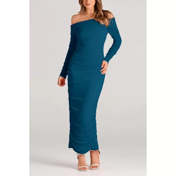imagePRETTYGARDEN Womens Fall Off Shoulder Maxi Bodycon Dress Long Sleeve Ruched Fitted Club Dresses with SlitLake Blue