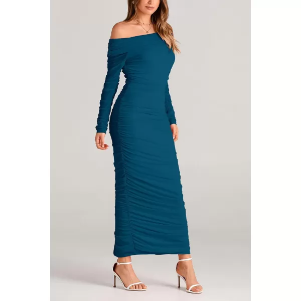 imagePRETTYGARDEN Womens Fall Off Shoulder Maxi Bodycon Dress Long Sleeve Ruched Fitted Club Dresses with SlitLake Blue
