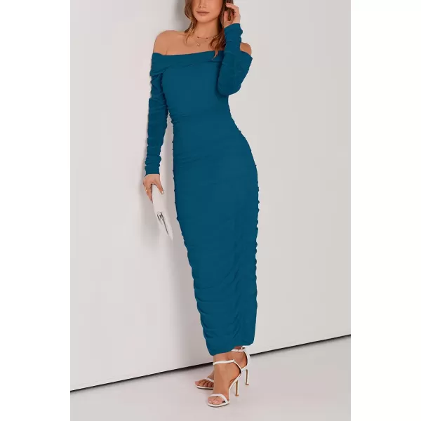 imagePRETTYGARDEN Womens Fall Off Shoulder Maxi Bodycon Dress Long Sleeve Ruched Fitted Club Dresses with SlitLake Blue