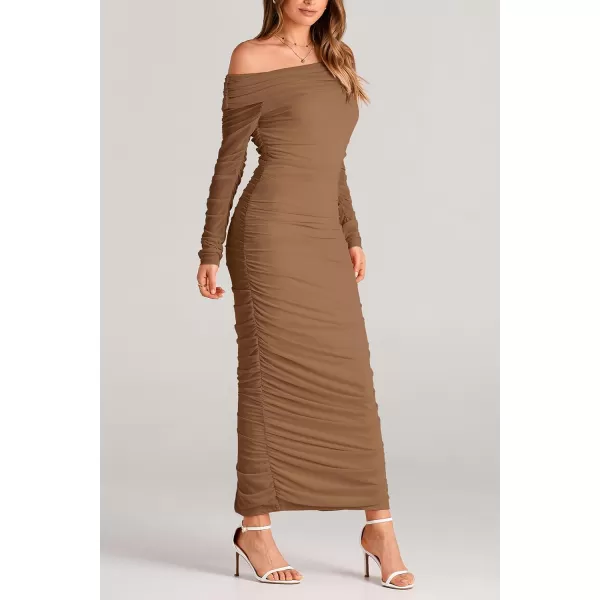 imagePRETTYGARDEN Womens Fall Off Shoulder Maxi Bodycon Dress Long Sleeve Ruched Fitted Club Dresses with SlitLight Brown