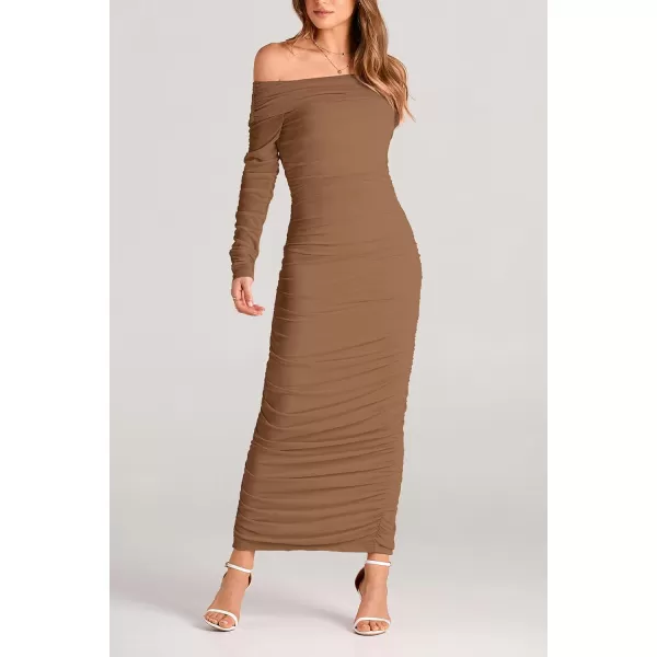 imagePRETTYGARDEN Womens Fall Off Shoulder Maxi Bodycon Dress Long Sleeve Ruched Fitted Club Dresses with SlitLight Brown