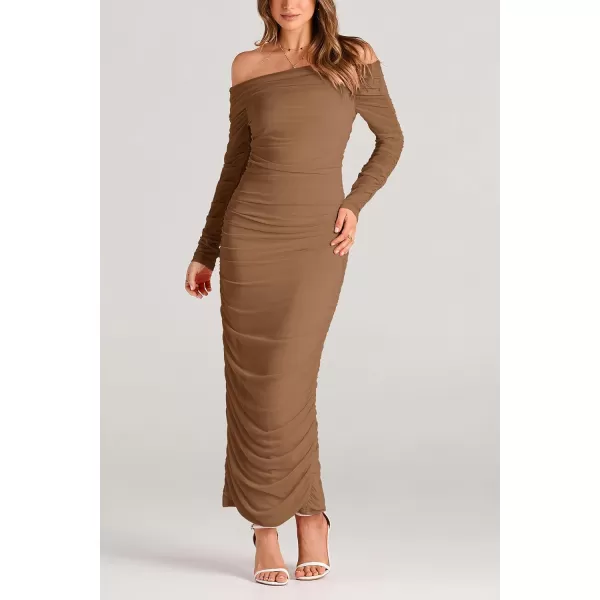 imagePRETTYGARDEN Womens Fall Off Shoulder Maxi Bodycon Dress Long Sleeve Ruched Fitted Club Dresses with SlitLight Brown