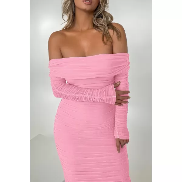 imagePRETTYGARDEN Womens Fall Off Shoulder Maxi Bodycon Dress Long Sleeve Ruched Fitted Club Dresses with SlitPink