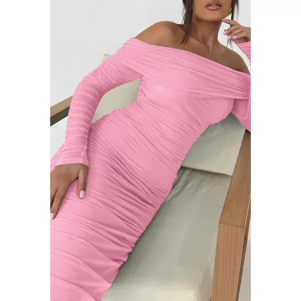 imagePRETTYGARDEN Womens Fall Off Shoulder Maxi Bodycon Dress Long Sleeve Ruched Fitted Club Dresses with SlitPink