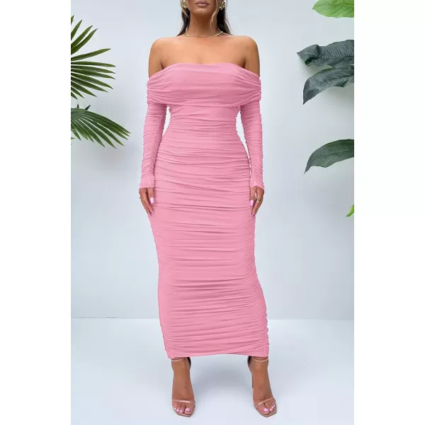 imagePRETTYGARDEN Womens Fall Off Shoulder Maxi Bodycon Dress Long Sleeve Ruched Fitted Club Dresses with SlitPink
