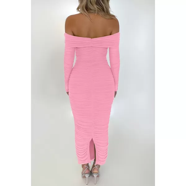 imagePRETTYGARDEN Womens Fall Off Shoulder Maxi Bodycon Dress Long Sleeve Ruched Fitted Club Dresses with SlitPink
