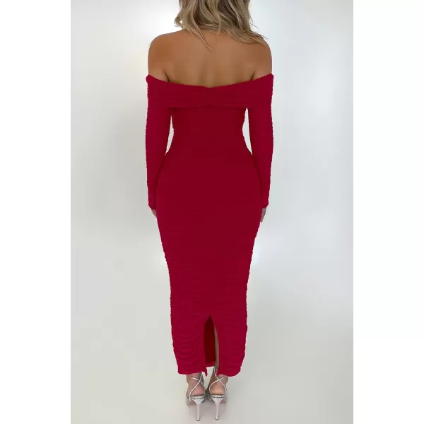 imagePRETTYGARDEN Womens Fall Off Shoulder Maxi Bodycon Dress Long Sleeve Ruched Fitted Club Dresses with SlitRed