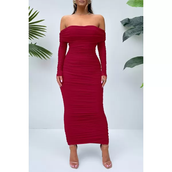 imagePRETTYGARDEN Womens Fall Off Shoulder Maxi Bodycon Dress Long Sleeve Ruched Fitted Club Dresses with SlitRed