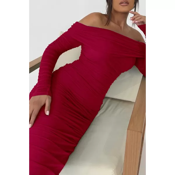 imagePRETTYGARDEN Womens Fall Off Shoulder Maxi Bodycon Dress Long Sleeve Ruched Fitted Club Dresses with SlitRed