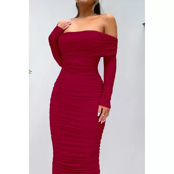 imagePRETTYGARDEN Womens Fall Off Shoulder Maxi Bodycon Dress Long Sleeve Ruched Fitted Club Dresses with SlitRed