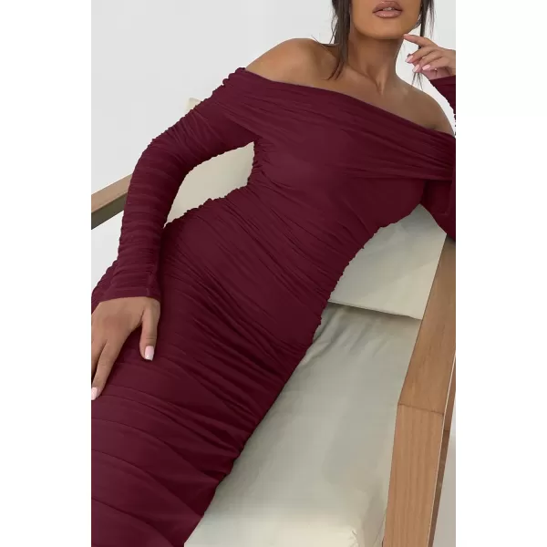 imagePRETTYGARDEN Womens Fall Off Shoulder Maxi Bodycon Dress Long Sleeve Ruched Fitted Club Dresses with SlitWine Red