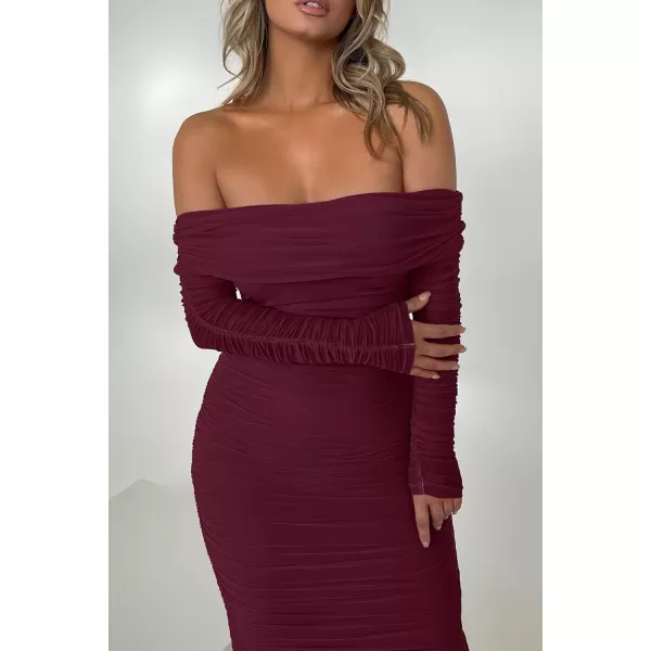 imagePRETTYGARDEN Womens Fall Off Shoulder Maxi Bodycon Dress Long Sleeve Ruched Fitted Club Dresses with SlitWine Red