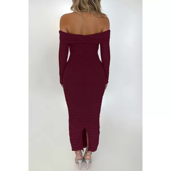 imagePRETTYGARDEN Womens Fall Off Shoulder Maxi Bodycon Dress Long Sleeve Ruched Fitted Club Dresses with SlitWine Red