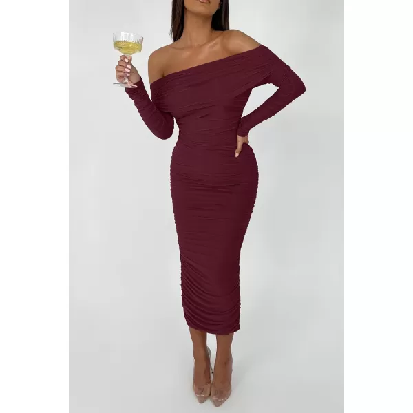 imagePRETTYGARDEN Womens Fall Off Shoulder Maxi Bodycon Dress Long Sleeve Ruched Fitted Club Dresses with SlitWine Red