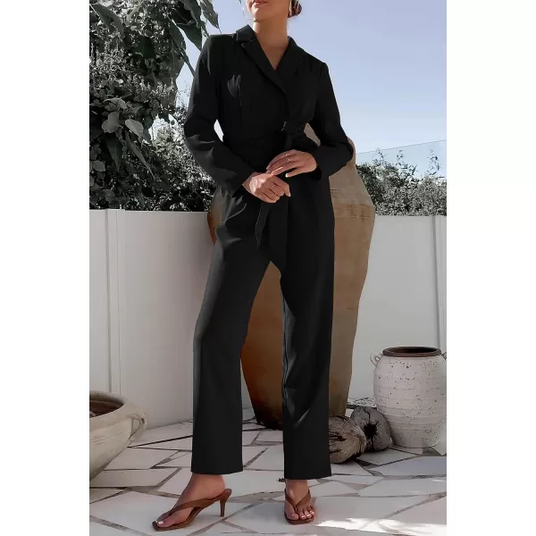 imagePRETTYGARDEN Womens Fall One Piece Jumpsuits Long Sleeve Belt Wide Leg Pants Romper Dressy Elegant Business Casual OutfitsBlack