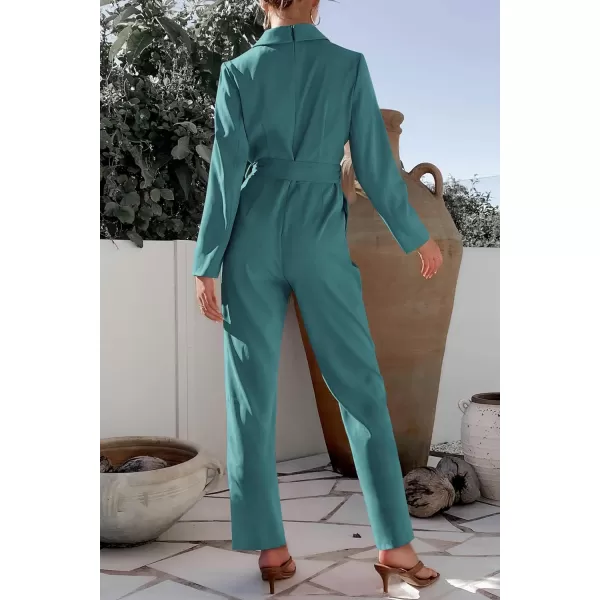 imagePRETTYGARDEN Womens Fall One Piece Jumpsuits Long Sleeve Belt Wide Leg Pants Romper Dressy Elegant Business Casual OutfitsBlue Green