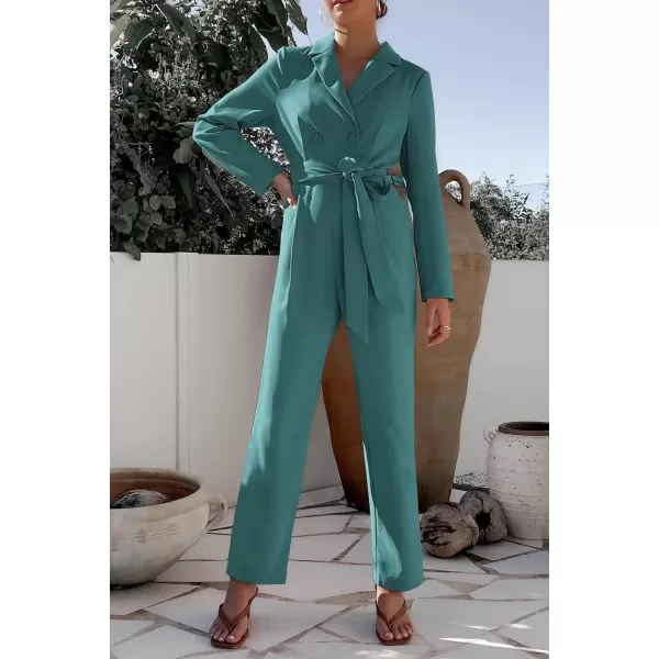 imagePRETTYGARDEN Womens Fall One Piece Jumpsuits Long Sleeve Belt Wide Leg Pants Romper Dressy Elegant Business Casual OutfitsBlue Green