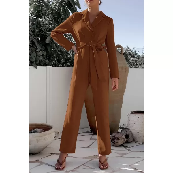 imagePRETTYGARDEN Womens Fall One Piece Jumpsuits Long Sleeve Belt Wide Leg Pants Romper Dressy Elegant Business Casual OutfitsBrown