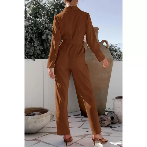 imagePRETTYGARDEN Womens Fall One Piece Jumpsuits Long Sleeve Belt Wide Leg Pants Romper Dressy Elegant Business Casual OutfitsBrown