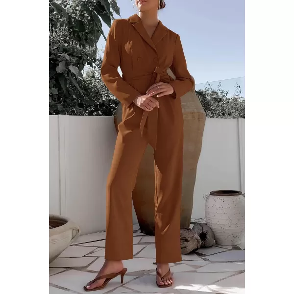 imagePRETTYGARDEN Womens Fall One Piece Jumpsuits Long Sleeve Belt Wide Leg Pants Romper Dressy Elegant Business Casual OutfitsBrown