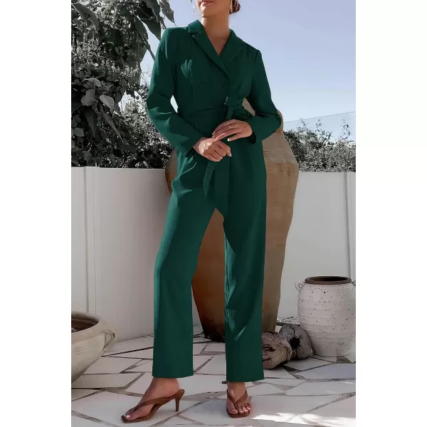 imagePRETTYGARDEN Womens Fall One Piece Jumpsuits Long Sleeve Belt Wide Leg Pants Romper Dressy Elegant Business Casual OutfitsDark Green