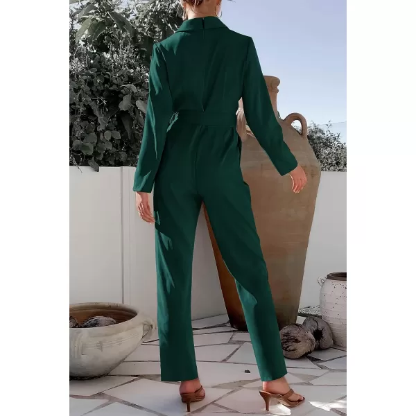 imagePRETTYGARDEN Womens Fall One Piece Jumpsuits Long Sleeve Belt Wide Leg Pants Romper Dressy Elegant Business Casual OutfitsDark Green