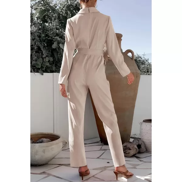 imagePRETTYGARDEN Womens Fall One Piece Jumpsuits Long Sleeve Belt Wide Leg Pants Romper Dressy Elegant Business Casual OutfitsLight Khaki