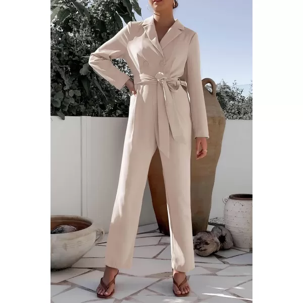 imagePRETTYGARDEN Womens Fall One Piece Jumpsuits Long Sleeve Belt Wide Leg Pants Romper Dressy Elegant Business Casual OutfitsLight Khaki