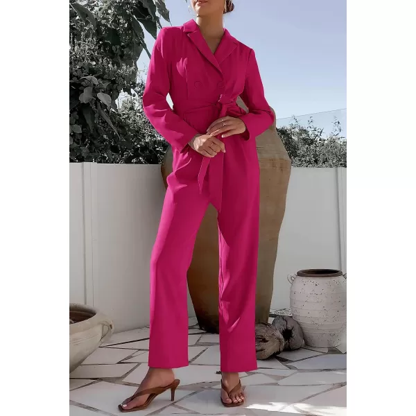 imagePRETTYGARDEN Womens Fall One Piece Jumpsuits Long Sleeve Belt Wide Leg Pants Romper Dressy Elegant Business Casual OutfitsRose Red
