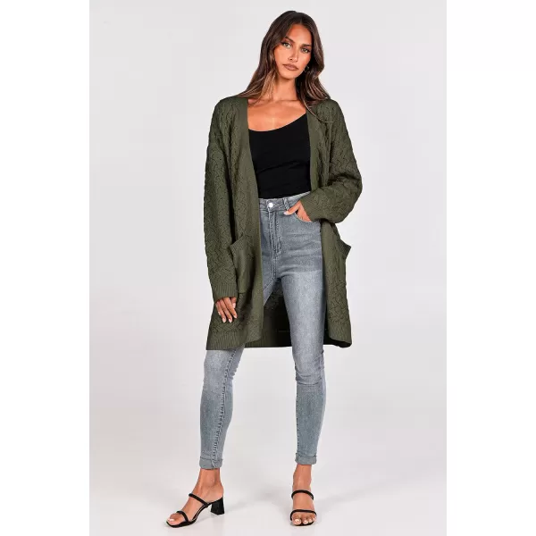 imagePRETTYGARDEN Womens Fall Open Front Chunky Cardigans Casual Long Sleeve Cable Knit Sweater Coat OuterwearArmy Green