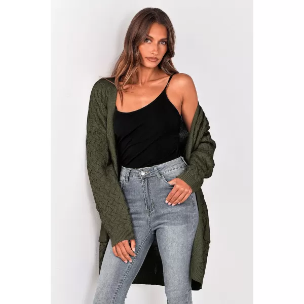 imagePRETTYGARDEN Womens Fall Open Front Chunky Cardigans Casual Long Sleeve Cable Knit Sweater Coat OuterwearArmy Green