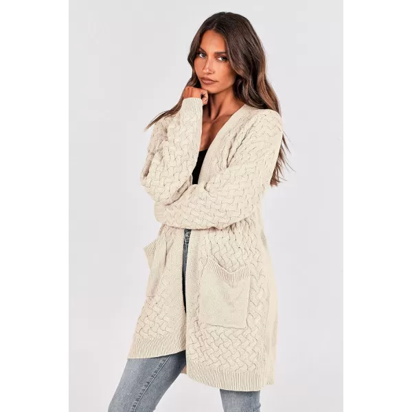 imagePRETTYGARDEN Womens Fall Open Front Chunky Cardigans Casual Long Sleeve Cable Knit Sweater Coat OuterwearBeige Apricot