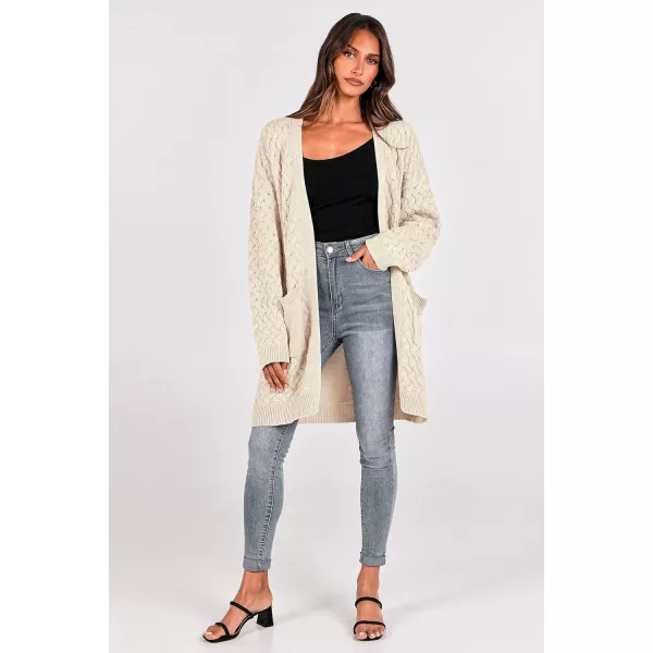 imagePRETTYGARDEN Womens Fall Open Front Chunky Cardigans Casual Long Sleeve Cable Knit Sweater Coat OuterwearBeige Apricot